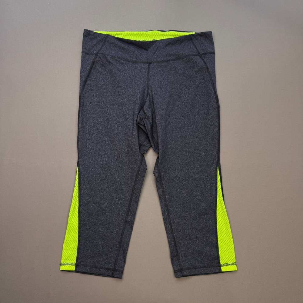 Old Navy Active Fitted Gray Heather Neon Yellow Mesh Trim Capri Leggings XL